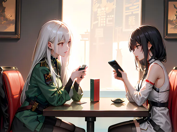 anime characters sitting at a table with cell phones in their hands, artwork in the style of guweiz, from girls frontline, trending on cgstation, girls frontline style, artgerm and atey ghailan, guweiz, guweiz and makoto shinkai, girls frontline cg, kawacy...