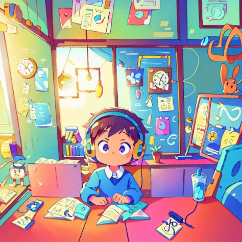 a little boy is facing the camera in front of the desk happily studying with headphones, front photo, a floor-to-ceiling window ...