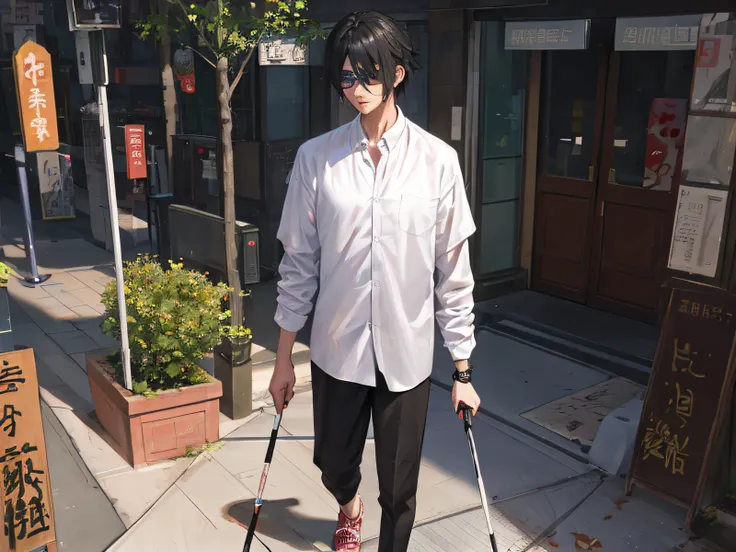 There is a blind man walking down the street on crutches, realistic. Cheng Yi, realistic anime 3D style, Guvez style artwork, surreal anime, young man with cane, inspired by Bian Shoumin, 3D anime realism, cane, Guweiz, Cheng Yanjun, realistic anime, as an...