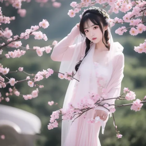 最佳质量，超高分辨率，（真实感：1.8），1girl，blue_sky，blurry，blurry_background，blurry_foreground，branch，bridal_veil，bride，cherry_blossoms，chinese_...