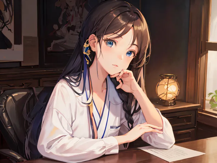 anime girl sitting at a desk with her hand on her chin, smooth anime cg art, trending on cgstation, high quality portrait, digital anime illustration, attractive anime girl, anime visual of a cute girl, kawaii realistic portrait, inspired by Ma Yuanyu, fro...
