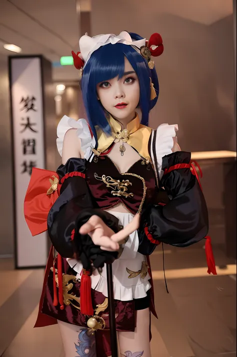 there is a woman with blue hair and a blue wig holding a cane, anime girl cosplay, anime cosplay, zhongli from genshin impact, k...