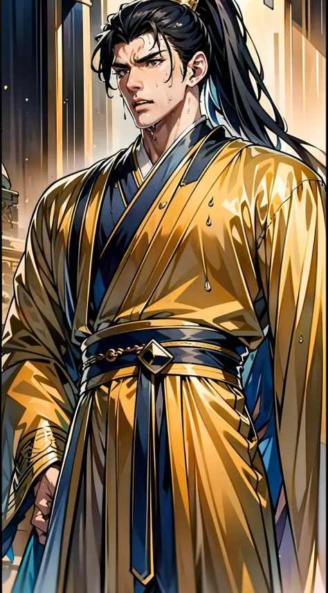 Two-dimensional, anime style, man (male warrior), muscle, correct proportions, face details, martial arts, high ponytail hairstyle, sweating, sweaty face, drooling, neck details, with Adams apple, wet, wet, Hanfu costume, long robe, embroidered robe, drago...