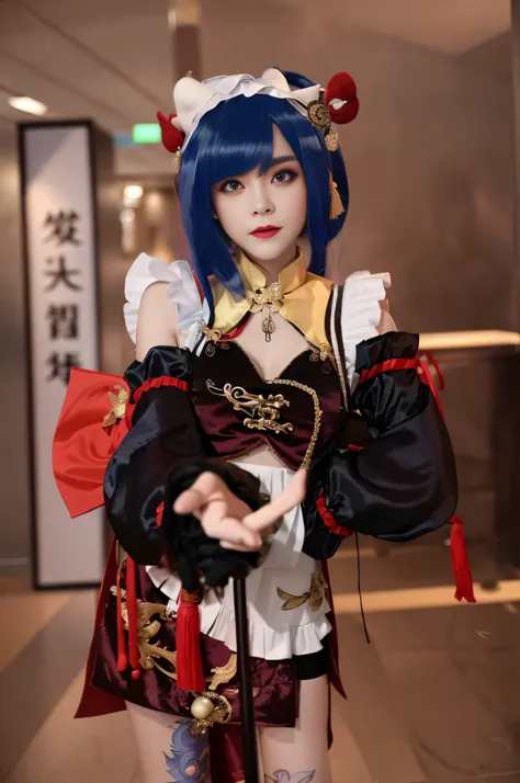 there is a woman with blue hair and a blue wig holding a cane, anime girl cosplay, anime cosplay, zhongli from genshin impact, k...