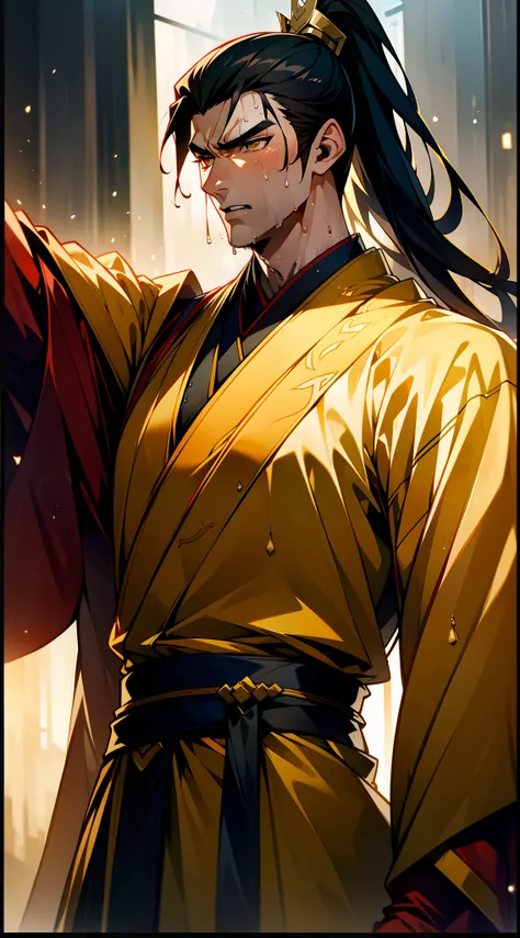 Two-dimensional, anime style, man (male warrior), muscle, correct proportions, face details, martial arts, high ponytail hairstyle, sweating, sweaty face, drooling, neck details, with Adams apple, wet, wet, Hanfu costume, long robe, embroidered robe, drago...