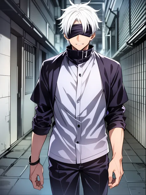 1boy, saturated gojo walking, white hair goosebumps, blue eyes, wearing a black blindfold, nice environment, super detailed, hig...