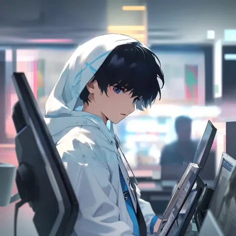 anime boy in a white hoodie sitting in front of a computer, anime art wallpaper 8 k, anime style 4 k, artwork in the style of gu...