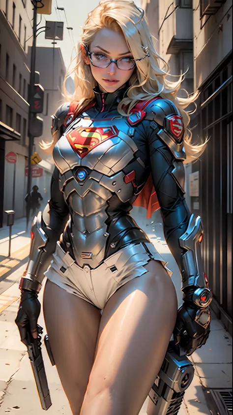 Supergirl body set thick thighs cybernetic body parts, short underwear, blonde with blue eyes, superman S symbol on the chest, detailed face, gorgeous, gorgeous and sexy smile, glasses, holding a gun.