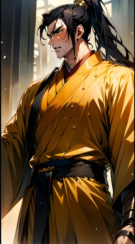 Two-dimensional, anime style, man (male warrior), muscle, correct proportions, face details, martial arts, high ponytail hairstyle, sweating, sweaty face, drooling, neck details, with Adams apple, wet, wet, Hanfu costume, long robe, embroidered robe, drago...