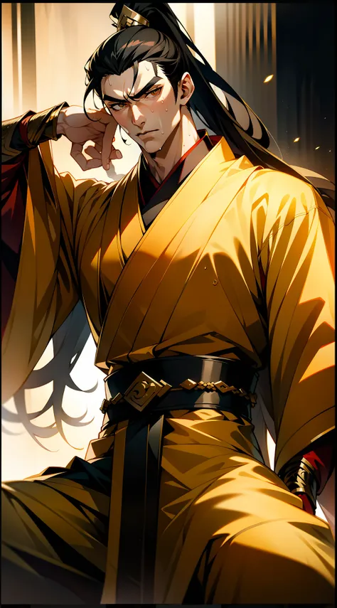 Two-dimensional, anime style, man (male warrior), muscle, correct proportions, face details, martial arts, high ponytail hairstyle, neck details, with Adams apple, Hanfu costume, long robe, embroidered robe, dragon robe, clothes details, collar, long sleev...