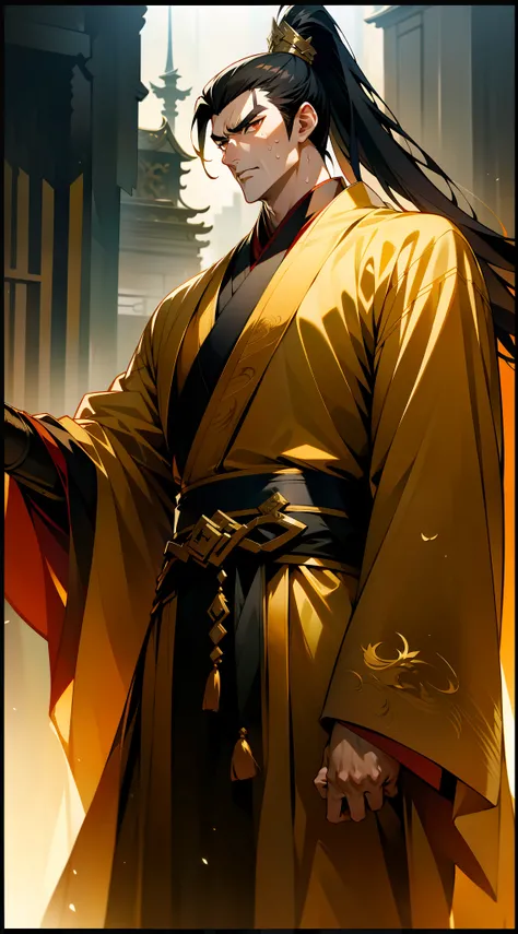 Two-dimensional, anime style, man (male warrior), muscle, correct proportions, face details, martial arts, high ponytail hairstyle, neck details, with Adams apple, Hanfu costume, long robe, embroidered robe, dragon robe, clothes details, collar, long sleev...