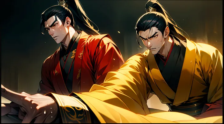 Two-dimensional, anime style, man (male warrior), muscle, correct proportions, face details, martial arts, high ponytail hairstyle, neck details, with Adams apple, Hanfu costume, long robe, embroidered robe, dragon robe, clothes details, collar, long sleev...