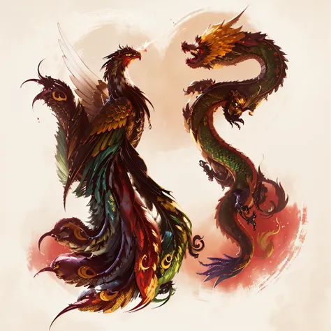 two birds and colorful birds posing martial arts and banners, feathers and feathers.
two birds, dragon patterns flags, and drago...