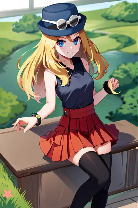 masterpiece, best quality, highres, blue eyes, serena \(pokemon\), 1girl, solo, thighhighs, long hair, hat, jewelry, bracelet, b...