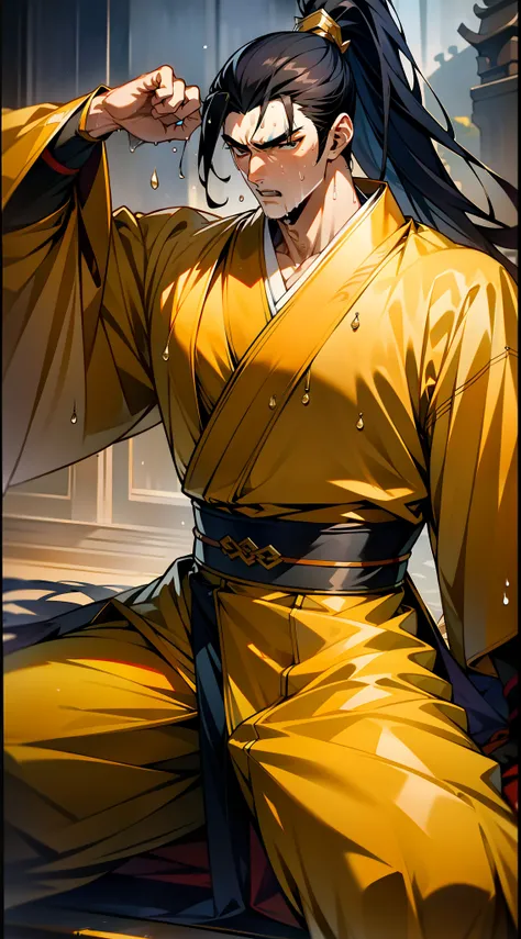 Two-dimensional, anime style, man (male warrior), squat, crotch sweat, crotch sweat, muscle, correct proportions, face details, martial arts, high ponytail hairstyle, sweating, pectoralis sweating, abdominal sweating, face sweating, drooling, neck details,...