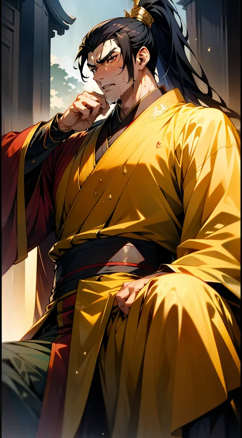 Two-dimensional, anime style, man (male warrior), squat, crotch sweat, crotch sweat, muscle, correct proportions, face details, martial arts, high ponytail hairstyle, sweating, pectoralis sweating, abdominal sweating, face sweating, drooling, neck details,...