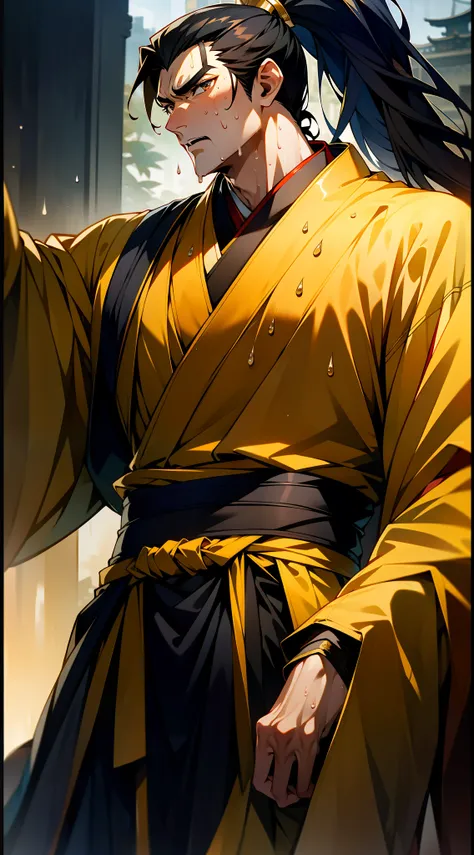 Two-dimensional, anime style, man (male warrior), squat, crotch sweat, crotch sweat, muscle, correct proportions, face details, martial arts, high ponytail hairstyle, sweating, pectoralis sweating, abdominal sweating, face sweating, drooling, neck details,...