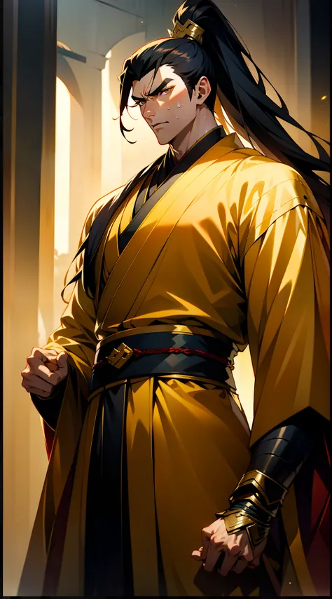 Two-dimensional, anime style, man (male warrior), muscle, correct proportions, face details, martial arts, high ponytail hairstyle, neck details, Adams apple, Hanfu costume, long robe, embroidered robe, dragon robe, clothes details, collar, long sleeves, g...