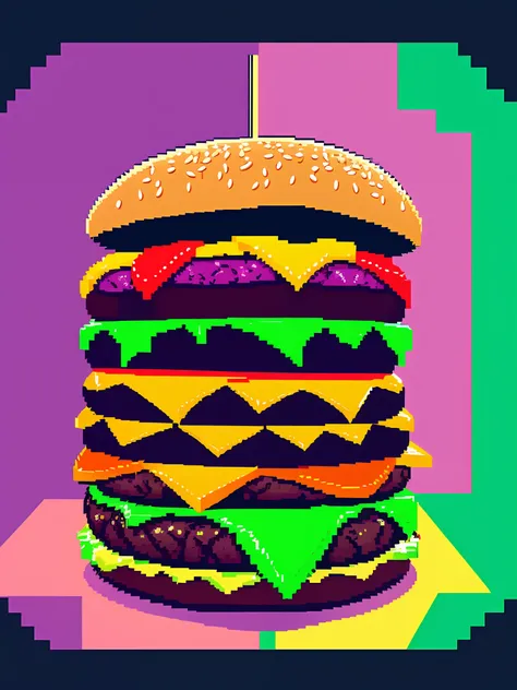 15 different hamburgers in LazrPopAI style,pixel art,2d,modern,minimalist,using green and purple colors,vibrant colors,minimalist