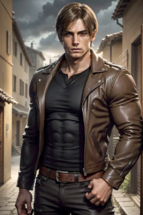 1 man, young man, 27 year old, leon s. kennedy from resident evil 4, face of eudard badaluta, solo, white skin, muscular, lean m...