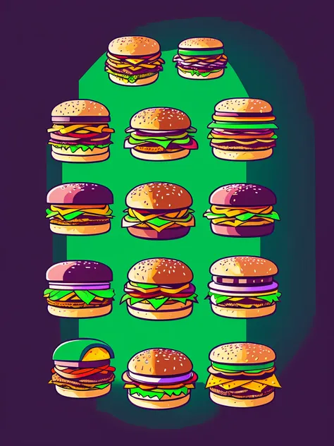 5 different hamburgers in LazrPopAI style,pixel art,2d,modern,minimalist,using green and purple colors,vibrant colors,minimalist