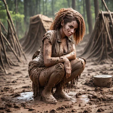 hyperrealistic photograph of a 30-year-old woman smeared with mud, lena meyer landrut, tulle skirt smeared with mud, squatting o...