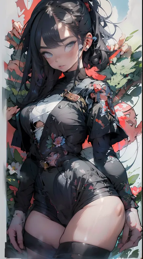 Flat tattoo effect design, Ashley Alexiss Japanese beautiful woman ponytail ultra detailed black hairstyle, (beautiful and clear background: 1.2), fantastic paintings, ultra detailed graffit style, flowers, a t-shirt or dress with a white blouse underneath...