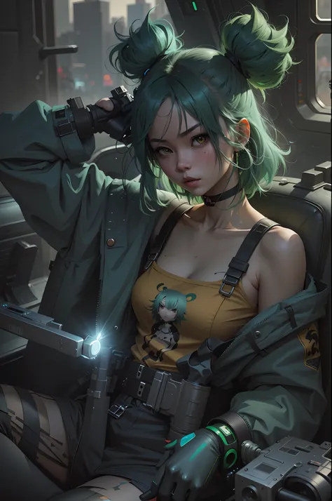 anime girl with green hair sitting in a car with a gun, artwork in the style of guweiz, ross tran 8 k, guweiz, ross tran style, in the style of ross tran, inspired by Ross Tran, artgerm and atey ghailan, by Yang J, extremely detailed artgerm, guweiz on art...