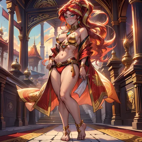 Sunsethuman, Sunset Shimmer, Sunset Shimmer from my little pony, Sunset Shimmer in the form of a girl, medium breasts, lush breasts, voluminous breasts, firm breasts, five fingers, detailed hands, two hair tones, red and yellow hair, happy face, blush, swe...