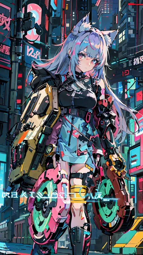 anime girl with cat ears and a backpack walking down a street, cyberpunk anime girl, digital cyberpunk anime art, anime cyberpun...