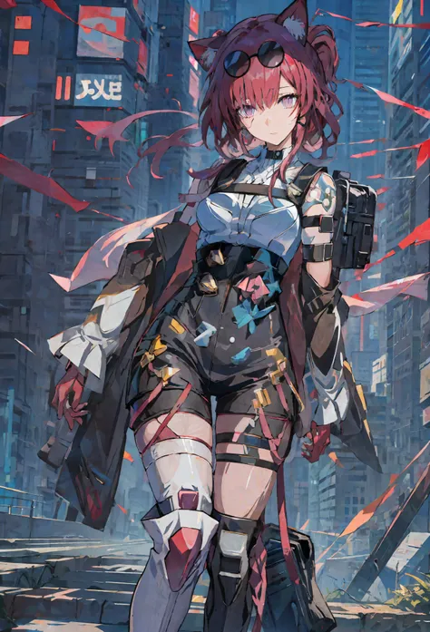 anime girl with cat ears and a backpack walking down a street, cyberpunk anime girl, digital cyberpunk anime art, anime cyberpun...