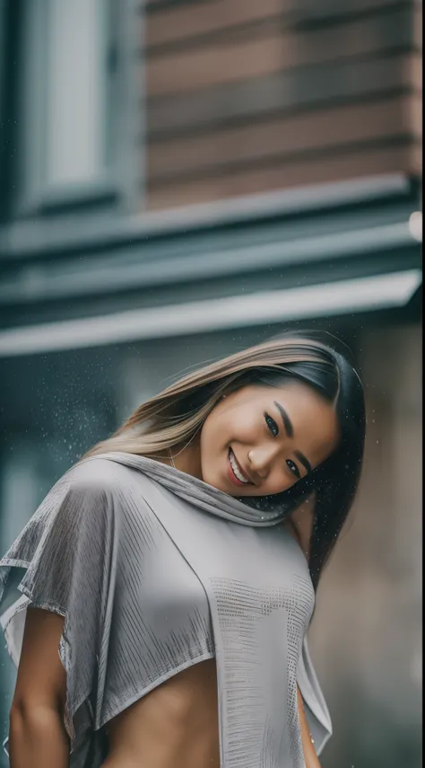 young beautiful thai woman, blond hair, bodybuilder physique, wet on the street, rainy day, happy, smiling, cheerful, wearing la...