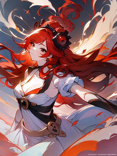 masterpiece, high quality, 1girl, Dancing Diva, black eyes, youthful, red hair, long hair, floating hair, white dancing dress, dancing, robe, cute, pose sensual, playful, illustration, vivi color,