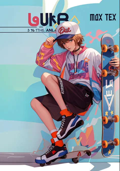 a teenager, wearing cool clothes and a hat, with one hand on the brim of the hat and the other hand holding a skateboard, the ba...