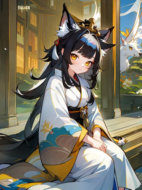 masterpiece, high quality, 1girl, yellow eyes, youthful, black hair, long hair, kimono, sitting, (white tail:1.5), cute, playful...