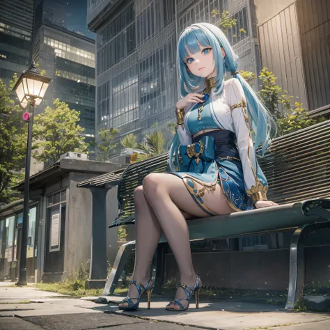 human, two-dimensional female, blue hair, green eyes, sitting on bench, night background --auto --s2