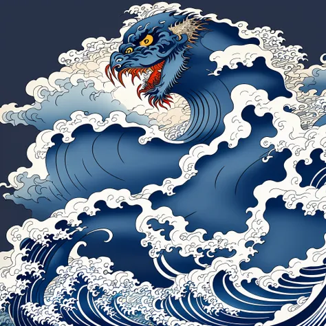 Katsushika Hokusai-style line art design, Hokusai-style dark blue rough wave pattern design. Rough waves and a huge dragon lurking in the highest quality, masterpiece high resolution ukiyo-e style. Artistic style, 1:1, ukiyo-e style, 3D vector art, Adobe I...
