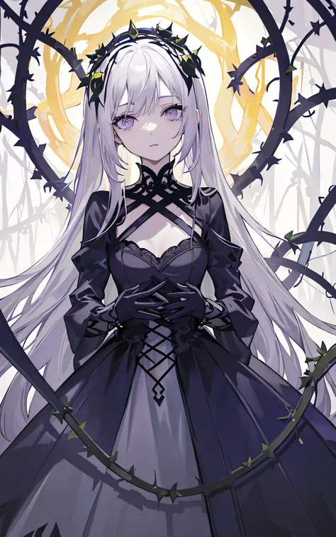 ((masterpiece:1.4, best quality))+, (ultra detailed)+,(ultra detailed eyes)+,
(cute 1girl),15 years old,(violet eyes:1.15),silver hair, very long hair,(wariza:1.2),pale skin,closed mouth,sad,
(She is dressed in a gown made of intertwining vines:1.5),(flat ...