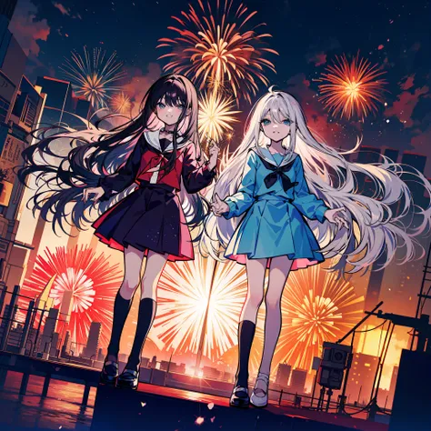 anime girl with glasses holding a sparkler in front of fireworks, [ fireworks in the sky ]!!, firework, happy!!!, anime moe arts...