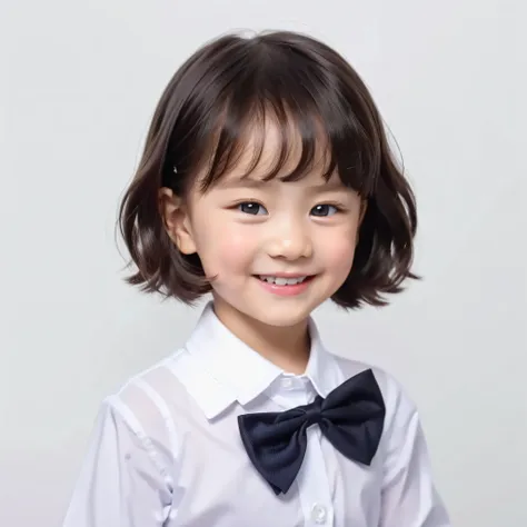 modern style, white background, children's id photo, cute, smiling girl, dark eyes, short hair, bow tie, clear, high quality