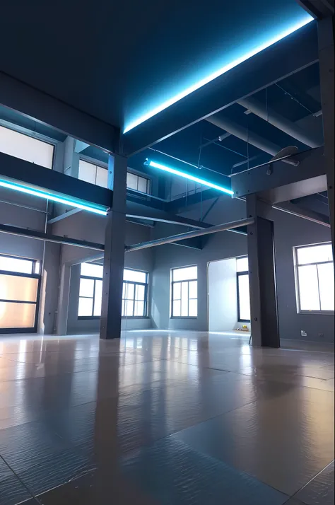 Light effects, factory, glowing ring in the middle, ray tracing, bright, wet reflection