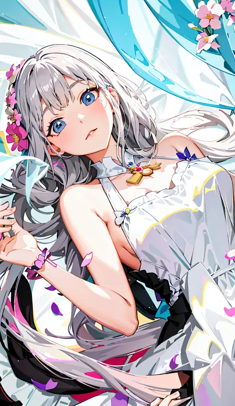 anime girl laying on a bed with a flower in her hair, cute anime waifu in a nice dress, smooth anime cg art, seductive anime girl, anime key visual of elegant, anime visual of a cute girl, beautiful anime girl, loli in dress, beautiful alluring anime woman...