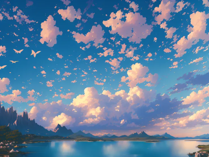 there is a painting of a beautiful mountain lake with birds flying in the sky, detailed scenery —width 672, beautifull puffy clo...