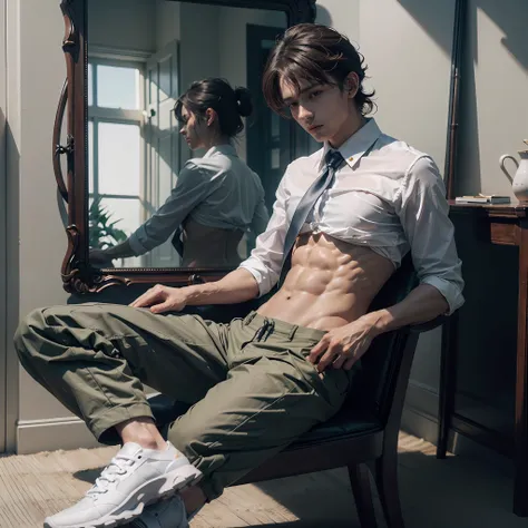 8k resolution, ultra-fine detail, water mist, light and shadow, detail, delicate picture, intense light tracing, masterpiece, high quality, detail light, ray tracing, 1 boy, short dark brown hair, stud earrings, full body shot, perfect face, full body phot...