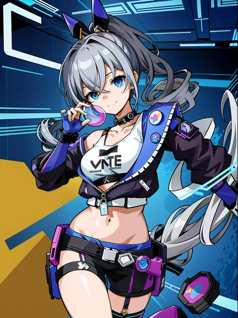 ((masterpiece)), super high quality, curly high ponytail girl, gray hair, cyberpunk style, blowing bubble candy, dressed in cybe...