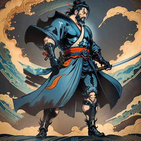 it is a full-body painting with natural colors with katsushika hokusai-style line drawings. the swordsman miyamoto musashi has a...