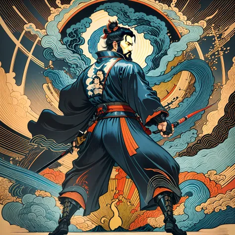 it is a full-body painting with natural colors with katsushika hokusai-style line drawings. the swordsman miyamoto musashi has a...