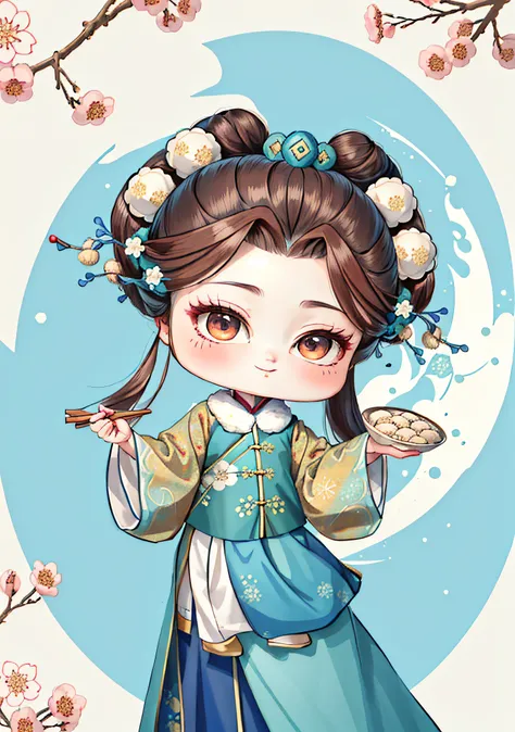 A Chinese girl in Hanfu, holding a plate of dumplings, winter, winter solstice, chopsticks, brown hair, ancient Chinese hair bun, pattern, blue-green color matching, hair balls on both sides, some plum blossom hair, color blocks are bright, bright colors, ...