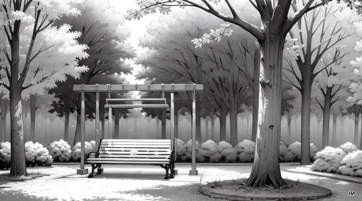 ((no gray)),((monochrome))),((line art))),((unmanned)),akihiko yoshida,drop shadow, night, forest, tree, cloud, park,((bench)),(...