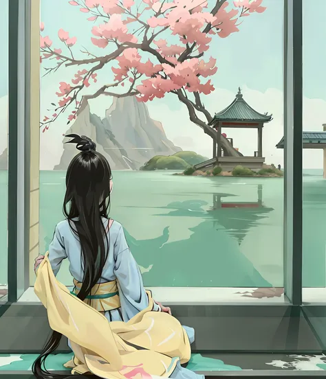 painting of a woman sitting in front of a window looking out at a lake, anime beautiful peace scene, palace ， a girl in hanfu, b...